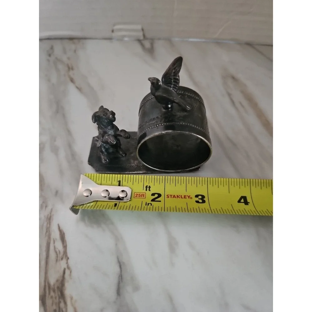 Victorian Silver Plated Figural Napkin Ring w/Dog & Bird - Inscribed Mattie